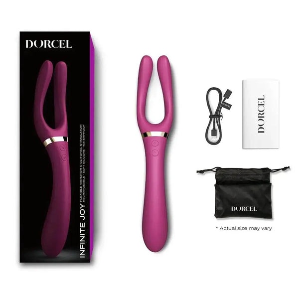 Dorcel Infinite Joy flexible vibrator in berry pink with box, USB cable, pouch, and manual