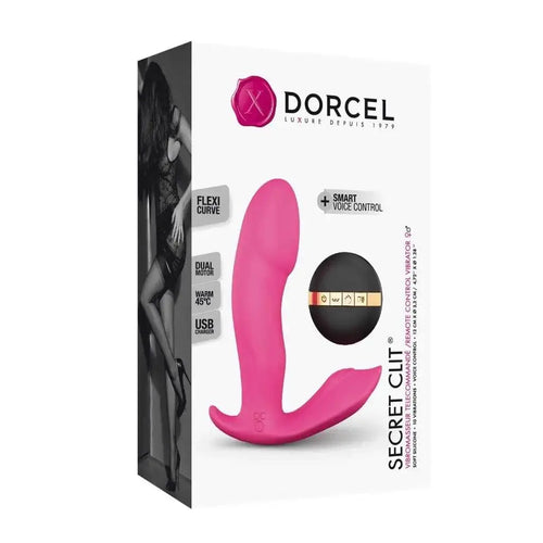 Dorcel Secret Clit vibrator box showing pink silicone toy, remote, and smart voice control feature
