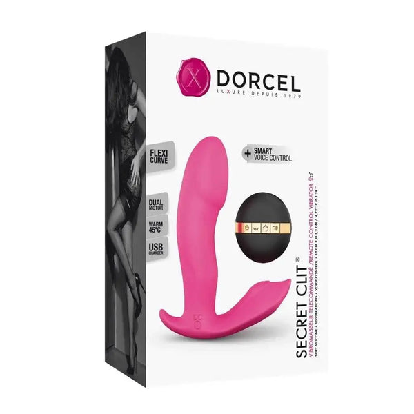 Dorcel Secret Clit vibrator box showing pink silicone toy, remote, and smart voice control feature