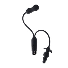 Double My Pleasure side profile showing flexible silicone cables connecting two distinct plug styles