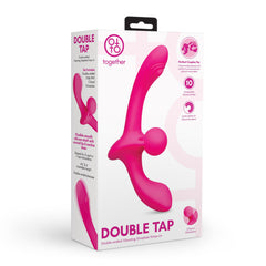 Double Tap double-ended vibrating strapless strap-on in hot pink with branded retail box
