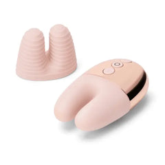Double Vibe shown with removable ribbed silicone attachment cap beside the main unit