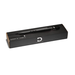 Doxy 3 USB-C wand massager displayed in its sleek black branded rectangular box packaging