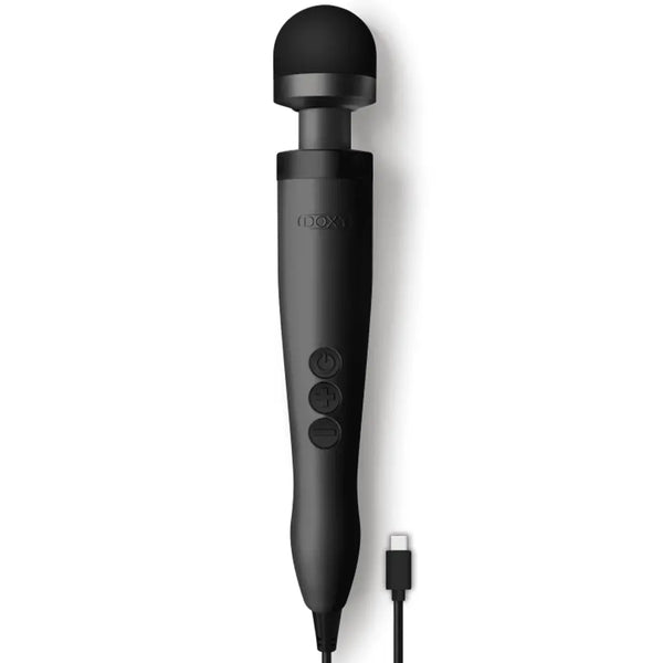 Doxy 3 USB-C wand massager in matte black with rounded silicone head and three control buttons