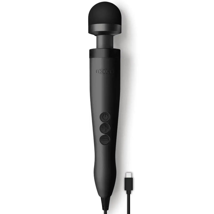 Doxy 3 USB-C wand massager in matte black with rounded silicone head and three control buttons
