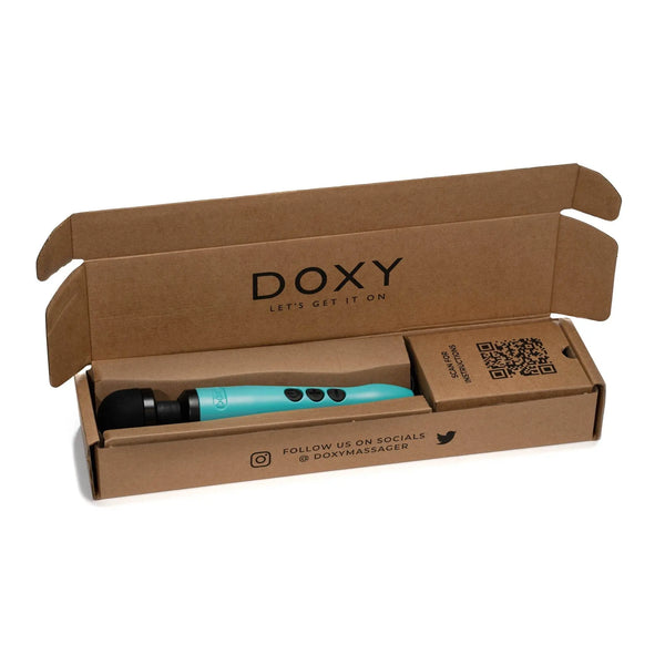 Doxy 3 USB-C Wand Massager in turquoise displayed inside open kraft cardboard box