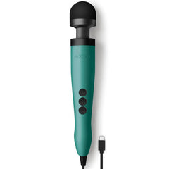 Doxy 3 wand massager in teal with black silicone head and USB-C charging cable attached