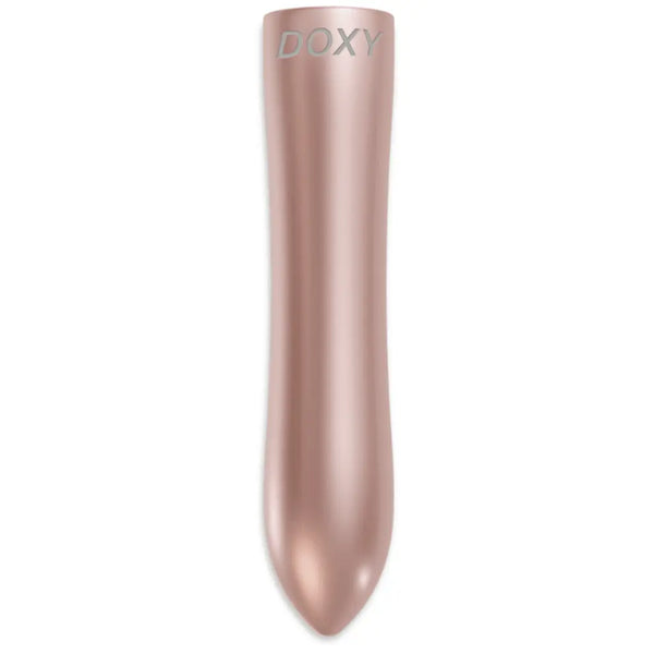 Doxy Bullet Vibrator in rose gold aluminium, front view showing tapered tip and branded top