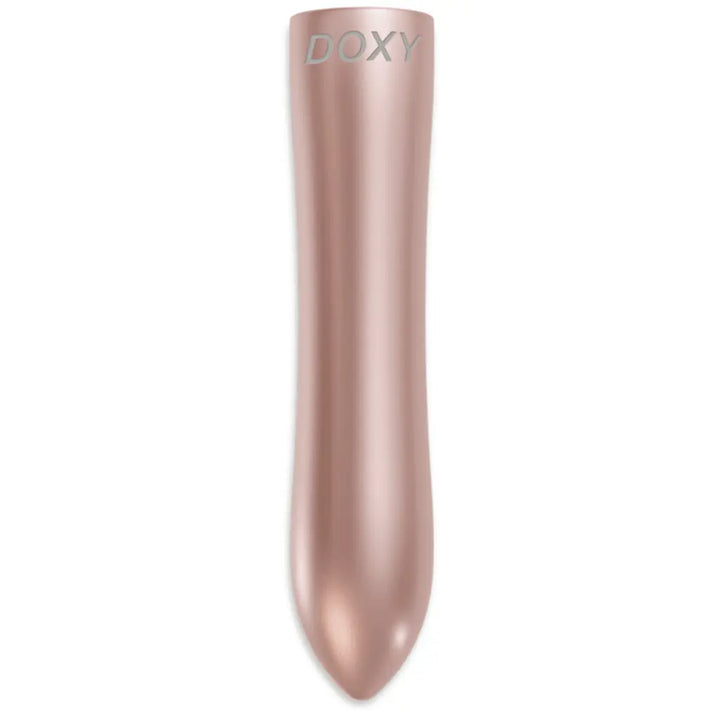 Doxy Bullet Vibrator in rose gold aluminium, front view showing tapered tip and branded top
