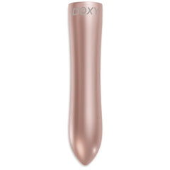 Doxy Bullet Vibrator in rose gold aluminium, front view showing tapered tip and branded top