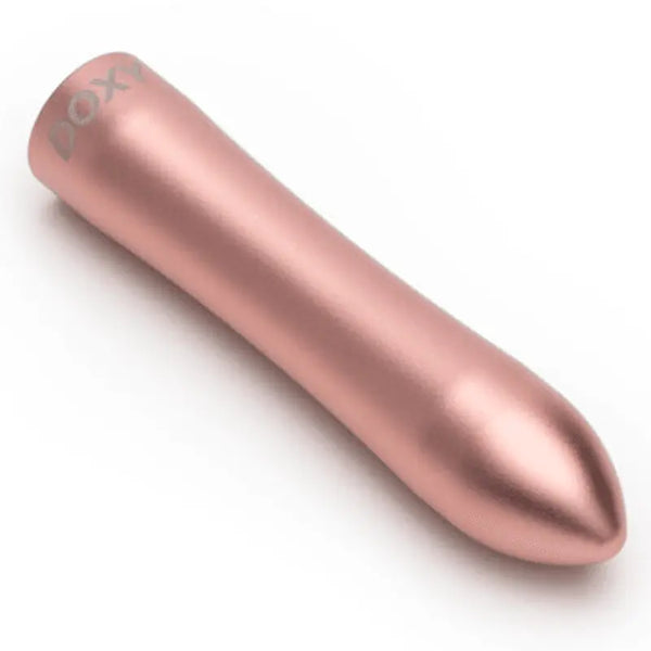 Doxy Bullet Vibrator in rose gold angled view showing full-body solid aluminium construction