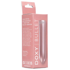 Doxy Bullet Vibrator rose gold beside its matching pink box detailing 7 functions and measurements