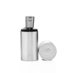 Doxy Bullet Vibrator silver shown with its cylindrical metal travel case and branded cap