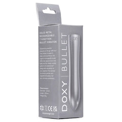 Doxy Bullet Vibrator silver with packaging box showing product details and dimensions