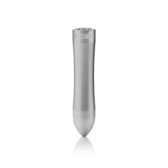 Doxy Bullet Vibrator silver standing upright, brushed aluminium finish, top controls visible