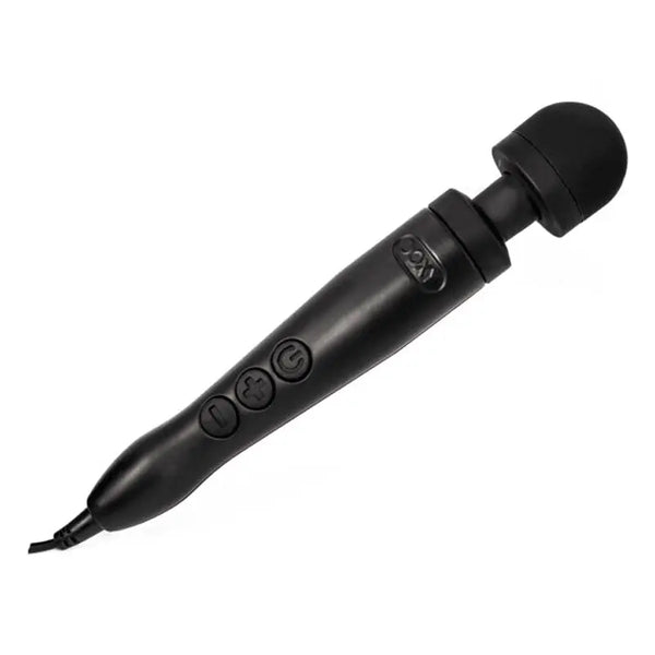 Doxy Die Cast 3 matte black corded wand massager shown at diagonal angle on white background