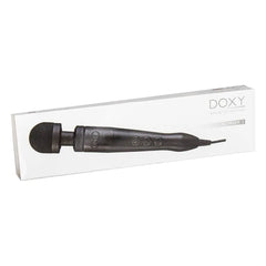 Doxy Die Cast 3 matte black wand massager displayed inside white Number 3 packaging box