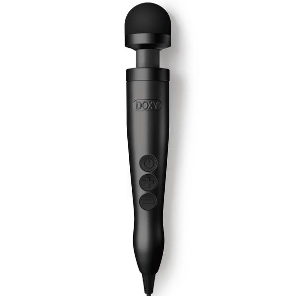 Doxy Die Cast 3 matte black wand massager upright front view with corded handle