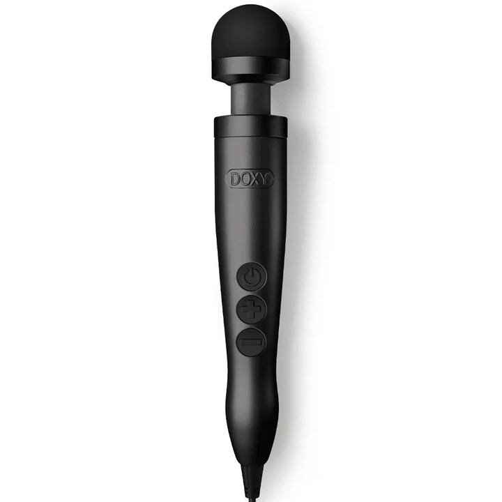Doxy Die Cast 3 matte black wand massager upright front view with corded handle