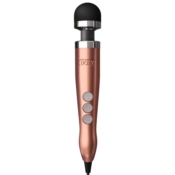 Doxy Die Cast 3 rose gold wand massager with black silicone head and three control buttons
