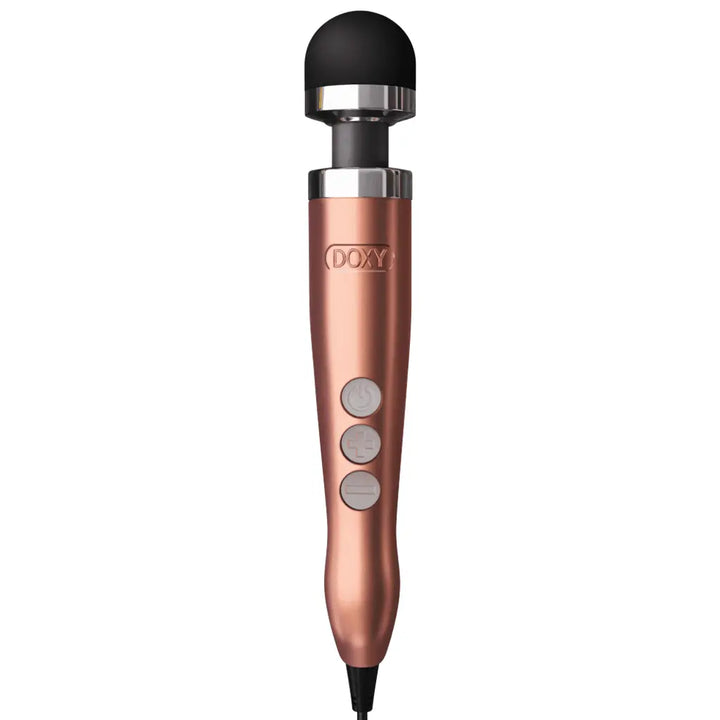 Doxy Die Cast 3 rose gold wand massager with black silicone head and three control buttons