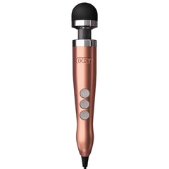 Doxy Die Cast 3 rose gold wand massager with black silicone head and three control buttons