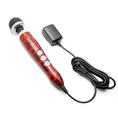 Doxy Die Cast 3 Roses wand vibrator shown with included power adapter and long cord
