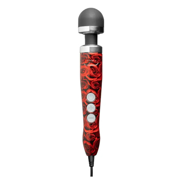 Doxy Die Cast 3 Roses wand vibrator with red rose print handle and grey silicone head