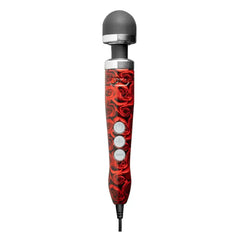 Doxy Die Cast 3 Roses wand vibrator with red rose print handle and grey silicone head