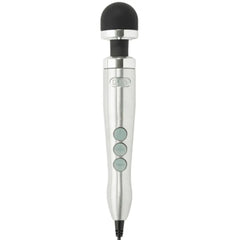 Doxy Die Cast 3 wand massager in brushed silver with black silicone head and three control buttons