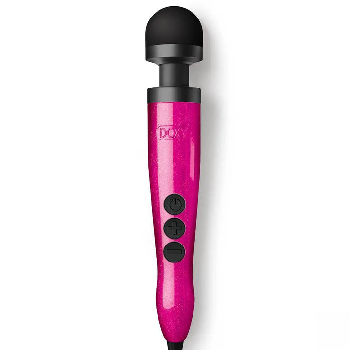 Doxy Die Cast 3 wand massager in hot pink glitter finish with black rounded head and three control buttons