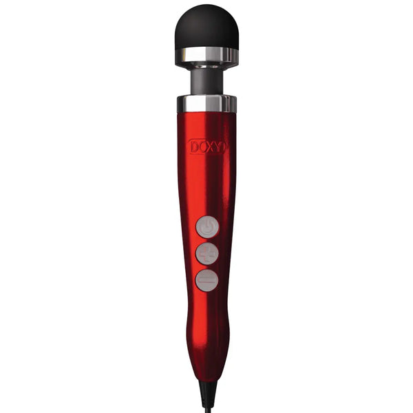 Doxy Die Cast 3 Wand Massager in metallic candy red with black silicone head and three control buttons