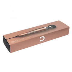Doxy Die Cast 3 wand massager in rose gold packaging box with product name label