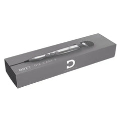 Doxy Die Cast 3 wand massager shown in its sleek grey branded gift box packaging