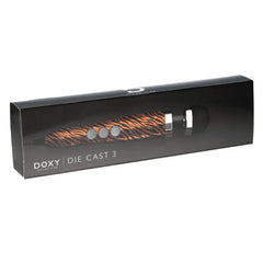Doxy Die Cast 3 wand massager in slim black retail box with tiger-stripe pattern visible