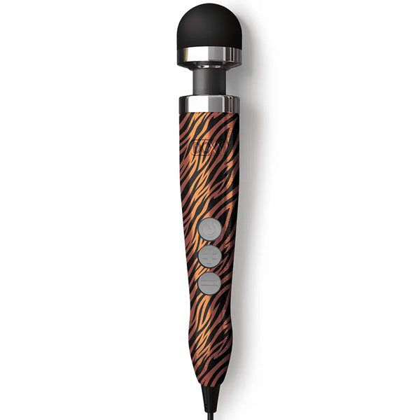 Doxy Die Cast 3 Wand vibrator in tiger-print orange and black with three control buttons