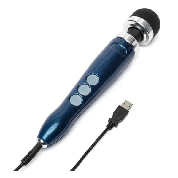 Doxy Die Cast 3R blue wand vibrator with attached USB charging cable
