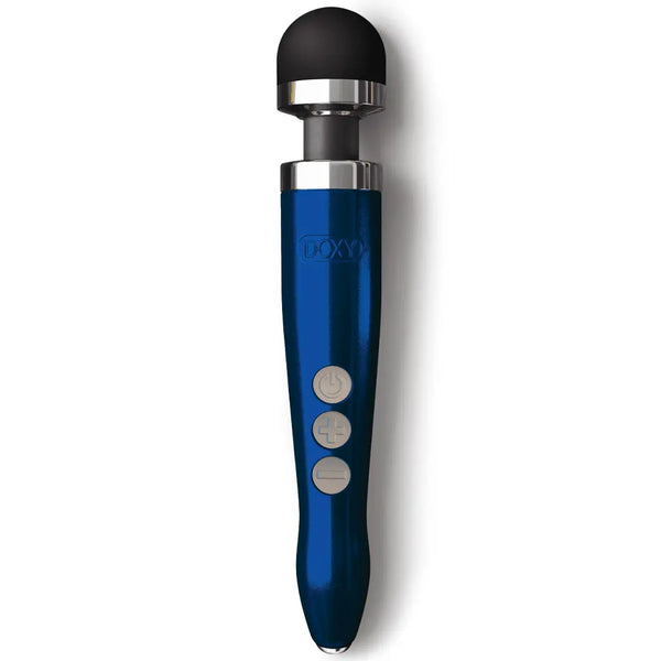 Doxy Die Cast 3R rechargeable wand vibrator in metallic blue with silver accents
