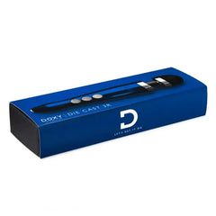 Doxy Die Cast 3R wand massager shown in its blue product packaging box