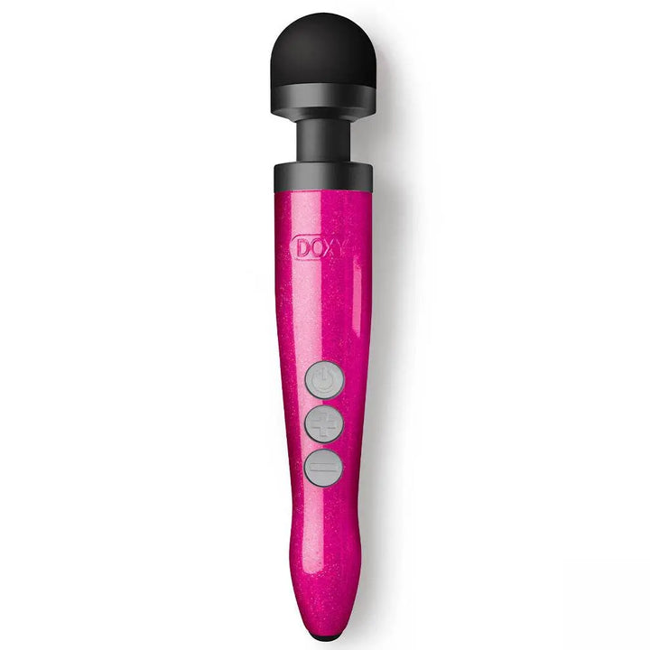 Doxy Die Cast 3R wand massager in hot pink glitter finish with black silicone head