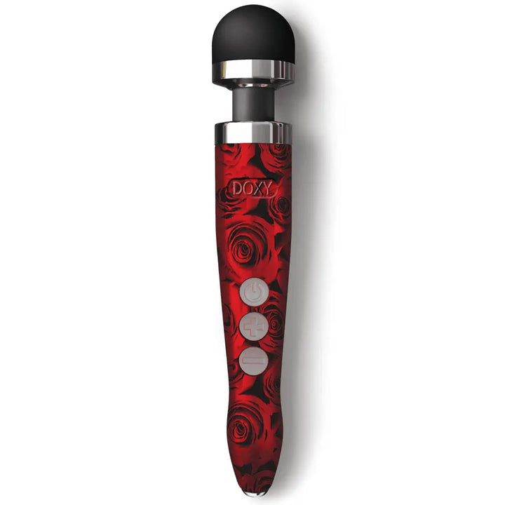 Doxy Die Cast 3R wand vibrator in red rose pattern with black silicone head and silver collar