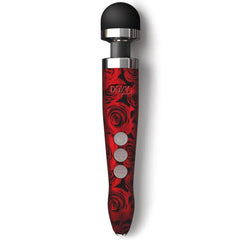 Doxy Die Cast 3R wand vibrator in red rose pattern with black silicone head and silver collar
