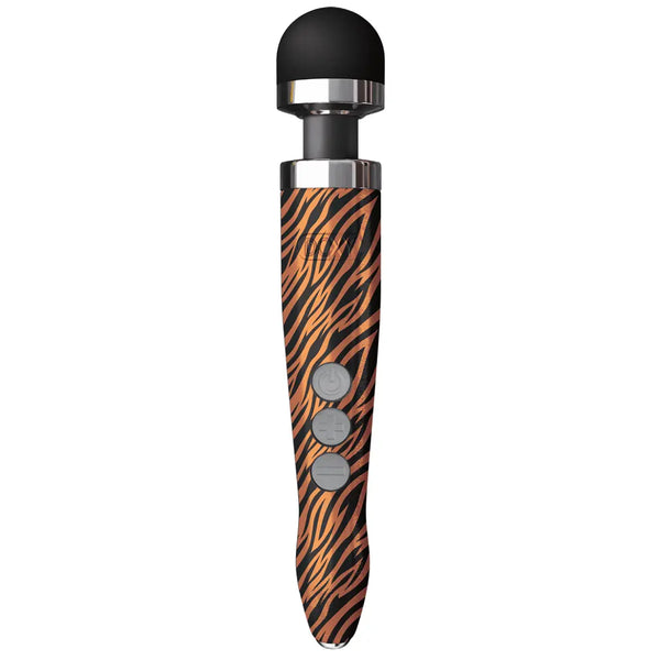 Doxy Die Cast 3R wand vibrator in tiger-print orange and black with silver chrome accents