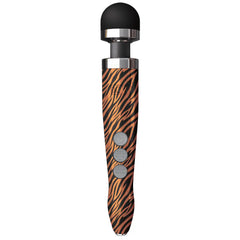 Doxy Die Cast 3R wand vibrator in tiger-print orange and black with silver chrome accents