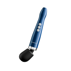Doxy Die Cast Compact Cordless Wand angled view showing sleek blue metallic body and flexible black head