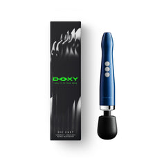 Doxy Die Cast Compact Cordless Wand beside its black branded retail packaging box