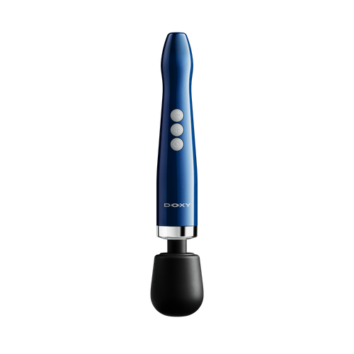 Doxy Die Cast Compact Cordless Wand in deep blue with black rounded massage head and three control buttons