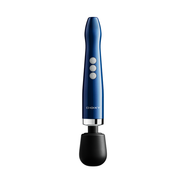 Doxy Die Cast Compact Cordless Wand in deep blue with black rounded massage head and three control buttons