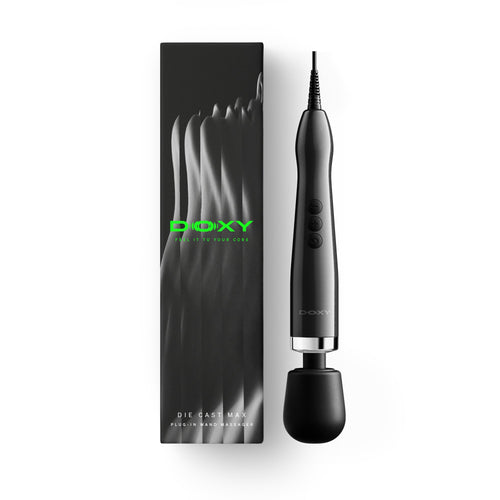 Doxy Die Cast Max plug-in wand massager in black beside its dark branded box
