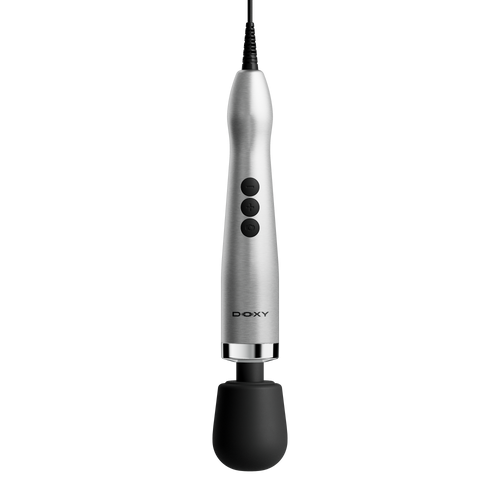 Doxy Die Cast Max plug-in wand massager in brushed silver with black silicone head